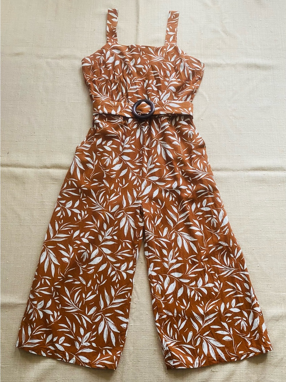 Monteau Rust Leaf-Print Wide-Leg Belted Jumpsuit - Picture 1 of 16